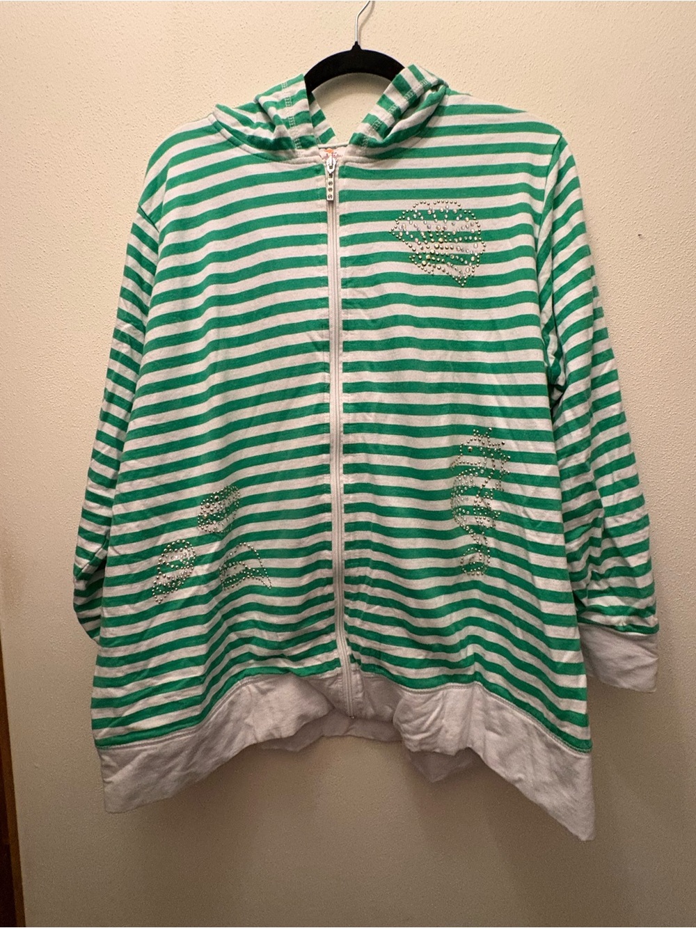 Striped Green & White Zip Hoodie with Rhinestone Detail